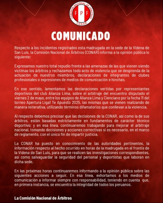 Comunicado de la CONAR en sus redes sociales. (Imagen: CONAR)