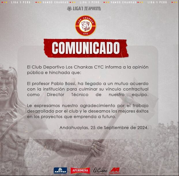 Los Chankas confirmaron la salida de Pablo Bossi como entrenador. (Foto: Los Chankas).