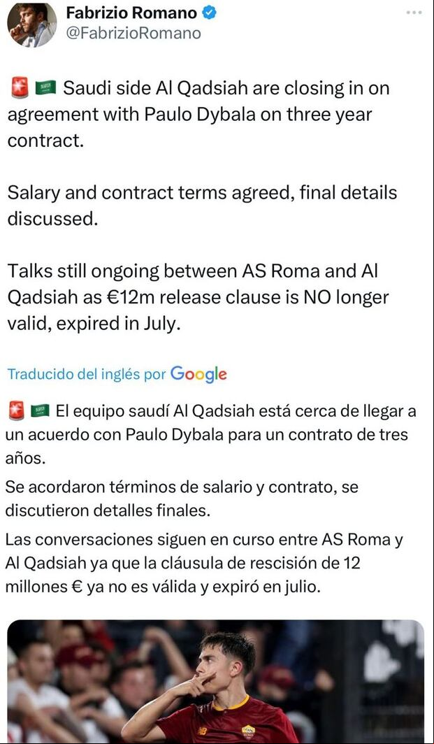 La información de Fabrizio Romano sobre Paulo Dybala.
