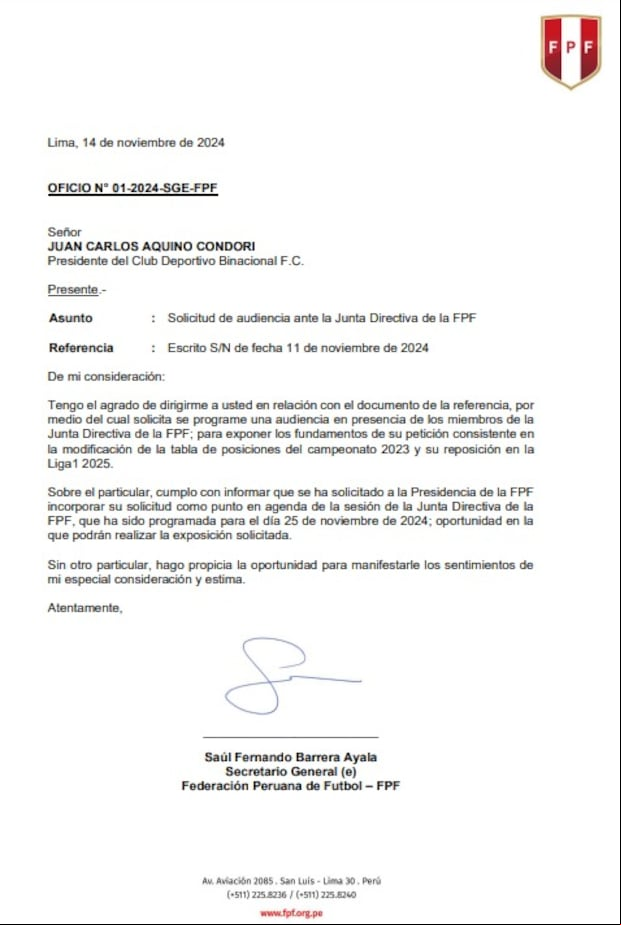 Repuesta de la FPF ante solicitud de Binacional de regresar a la primera división de la Liga 1. (Foto: FPF).