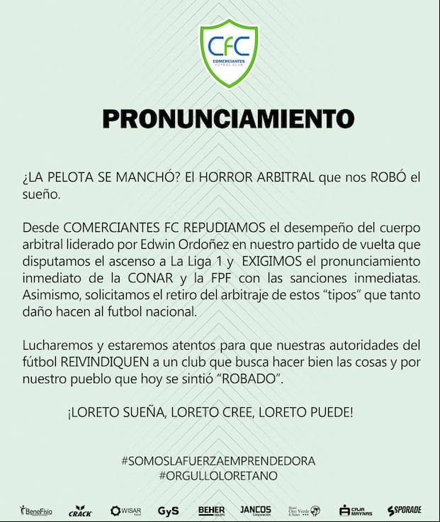 Comunicado de Comerciantes FC por partido ante Juan Pablo II. (Foto: Comerciantes FC)