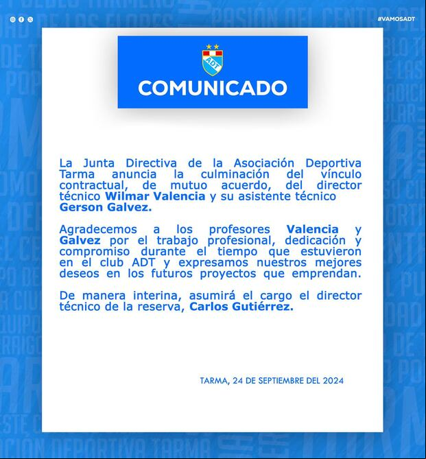 Comunicado de ADT sobre la salida de Wilmar Valencia.(ADT)