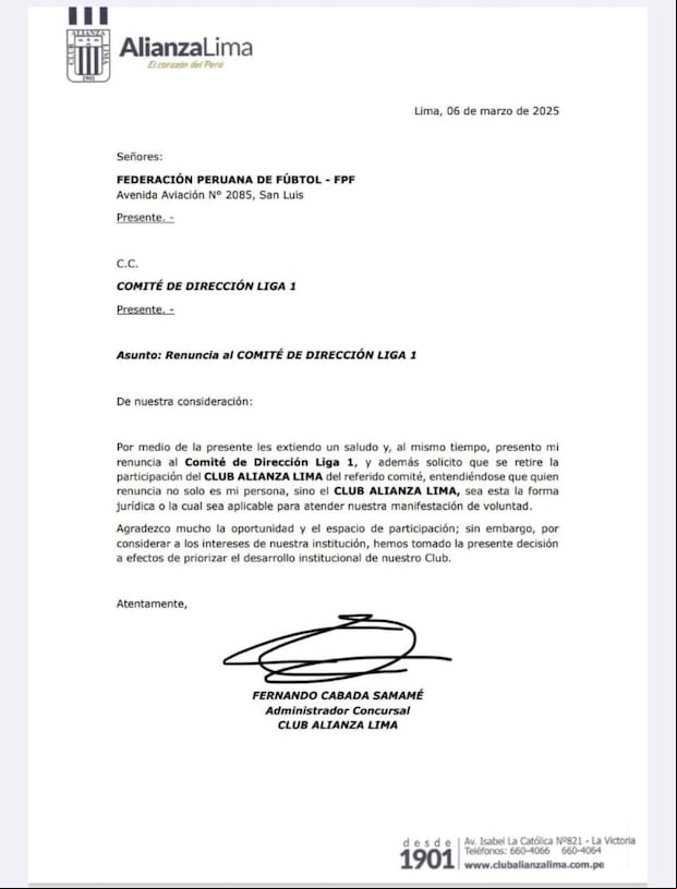 La carta de Alianza Lima a la FPF. (Imagen: Difusión)