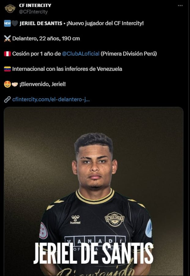 Jeriel De Santis, nuevo jugador del Intercity.