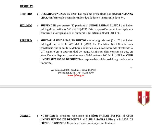 Documento de la Comisión Disciplinaria de la FPF con la sanción a Fabián Bustos.