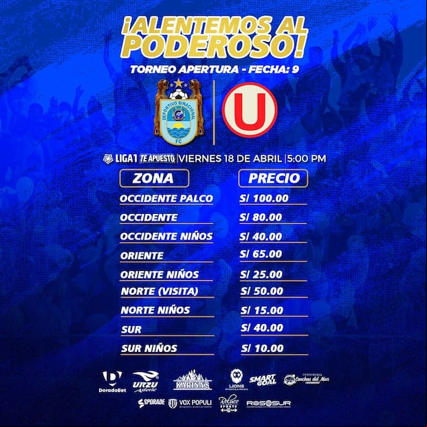 Precio de las entradas para el partido entre Binacional y Universitario en Juliaca.