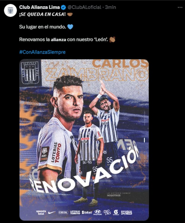 Publicación de Alianza Lima anunciando renovación de Carlos Zambrano. (Fuente: Alianza Lima)