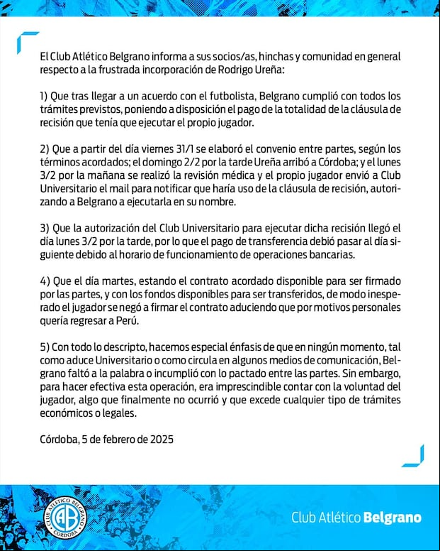 Comunicado oficial de Belgrano sobre el fichaje frustrado de Rodrigo Ureña (Foto: @Belgrano).