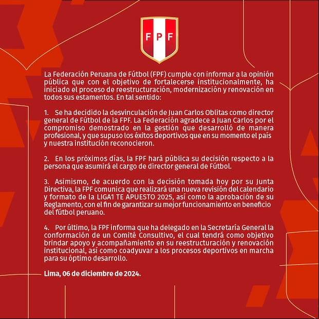 Comunicado de la Federación Peruana de Fútbol. (Fuente: FPF)