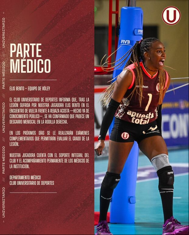 Parte médico de Universitario de Deportes informando de la lesión de Elis Bento.