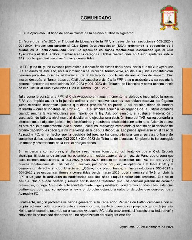 El comunicado de Ayacucho FC en respuesta a la FPF. (Foto: Ayacucho FC).