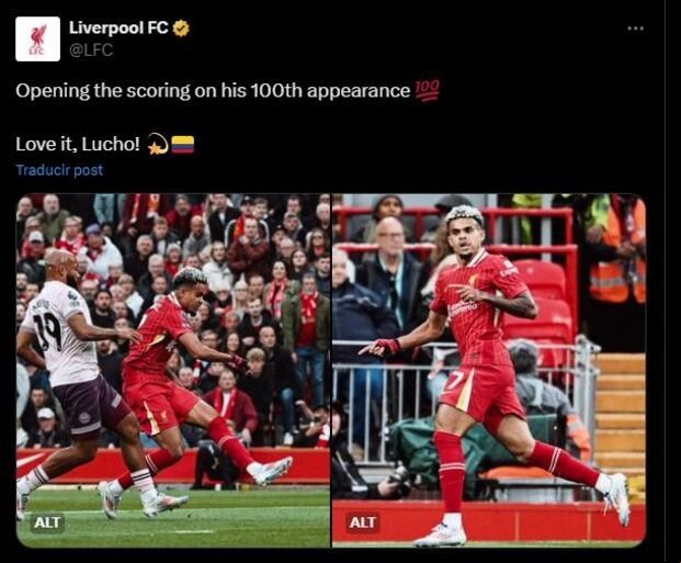 Liverpool celebra el gol de Díaz en su partido 100.