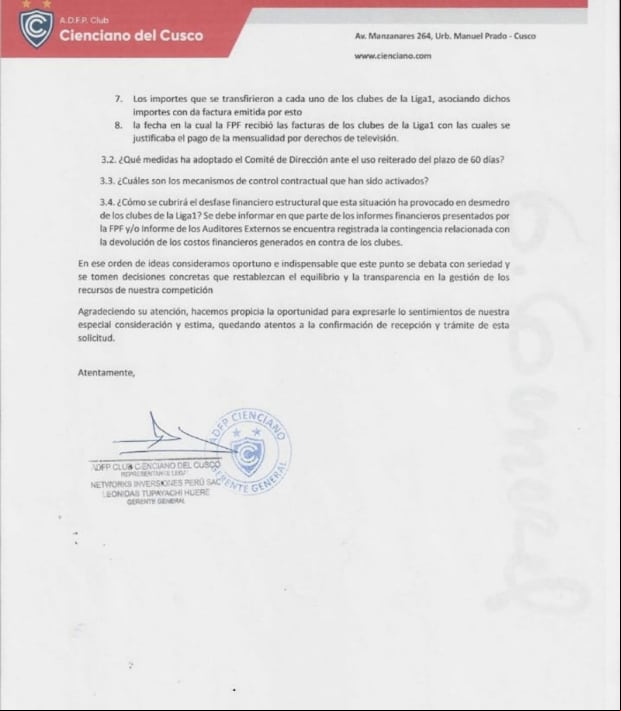 El documento de Cienciano enviado a la FPF. (Imagen: Difusión)
