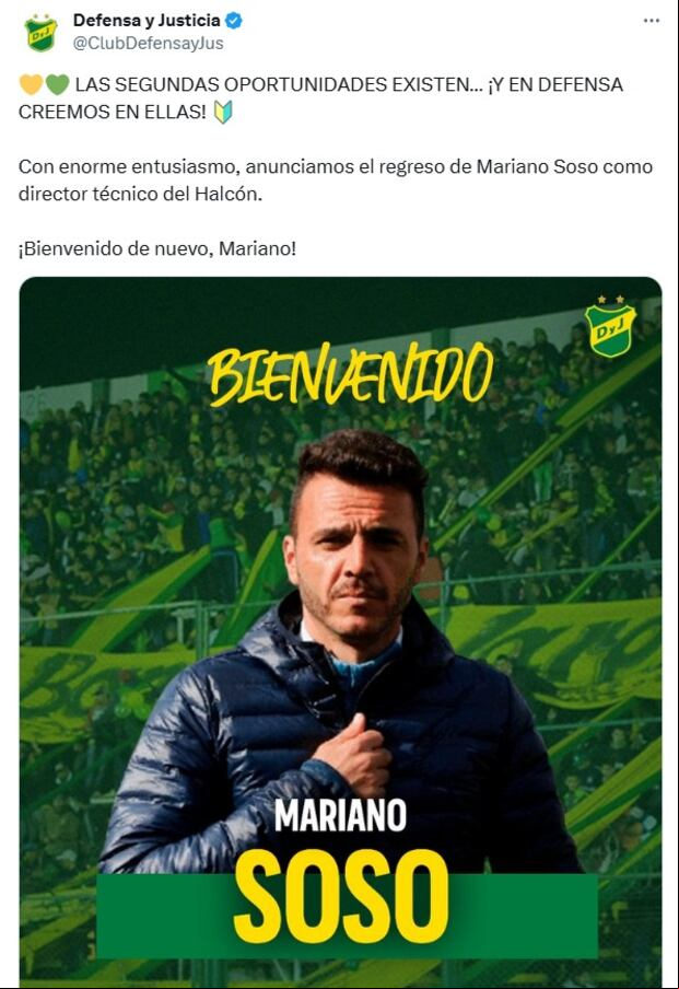Mariano Soso fue anunciado como nuevo DT de Defensa y Justicia. (Captura)