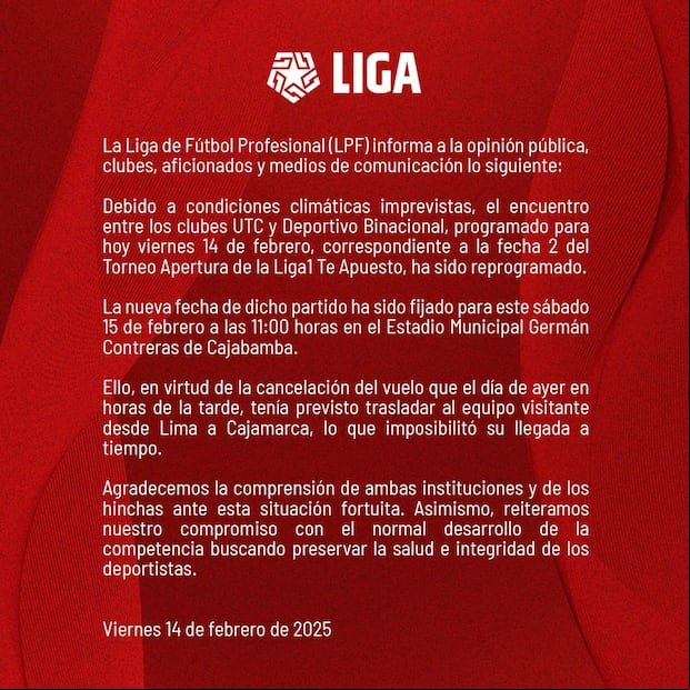 UTC vs Binacional se iban a enfrentar hoy, 14 de febrero, sin embargo, el partido fue reporgramado por condiciones climáticas.