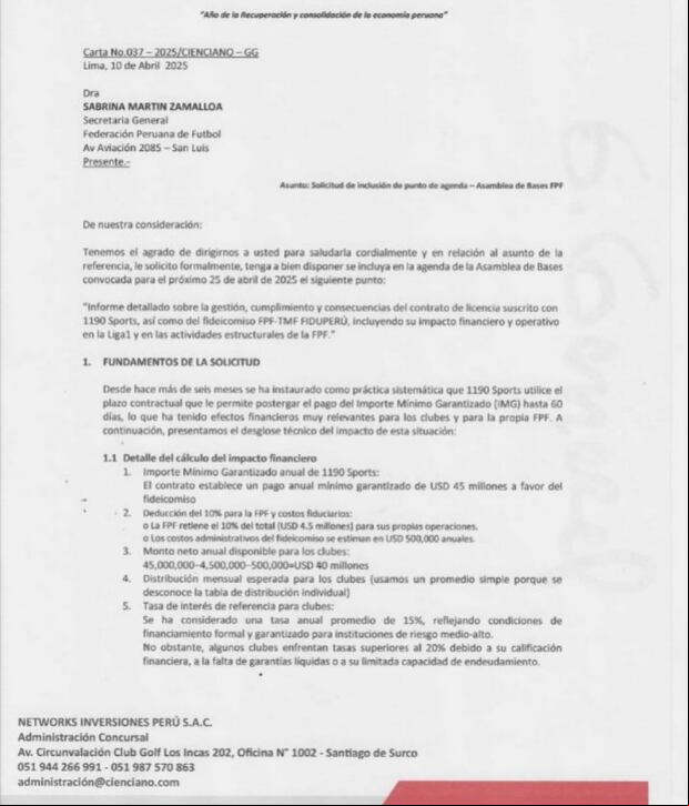 El documento de Cienciano enviado a la FPF. (Imagen: Difusión)
