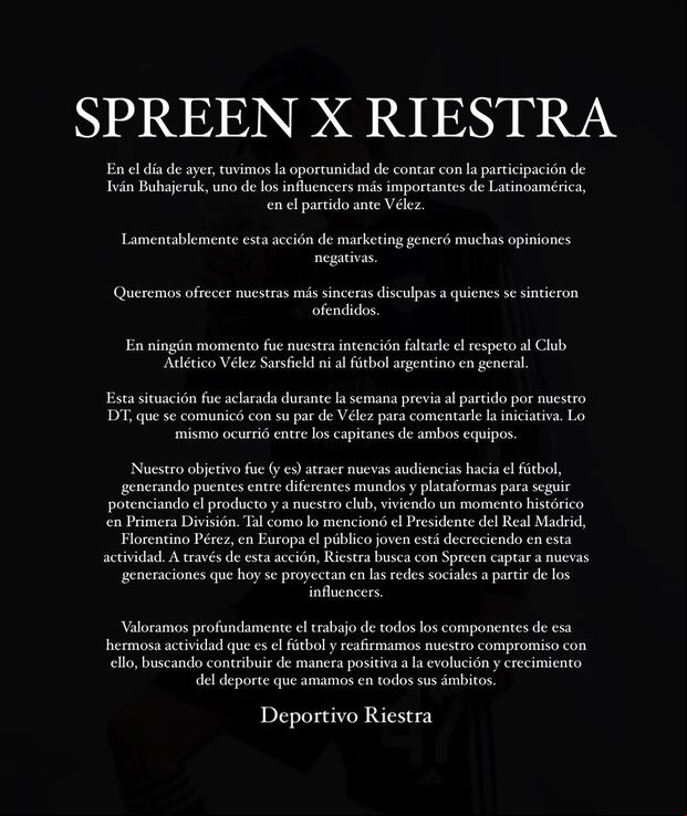 Comunicado de Deportivo Riestra tras el debut de Spreen.