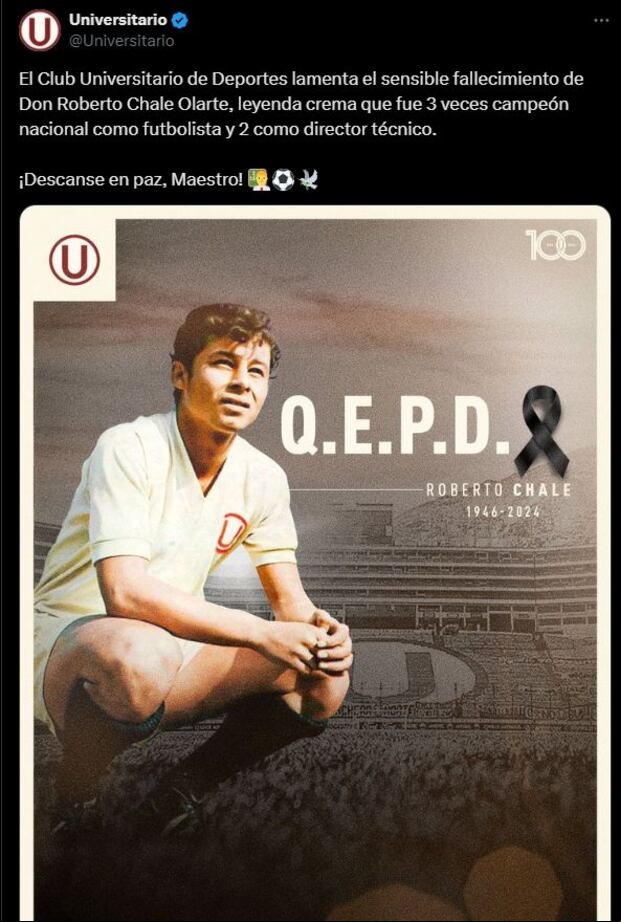 Pronunciamiento de Universitario de Deportes tras el fallecimiento de Roberto Chale.