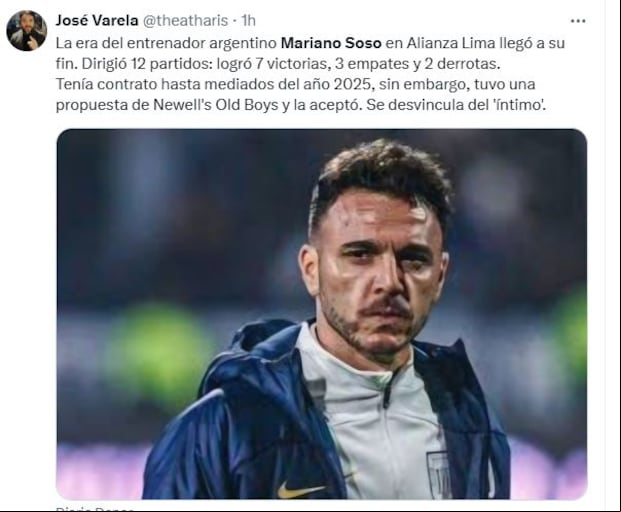 Mariano Soso se desvinculó de Alianza Lima.